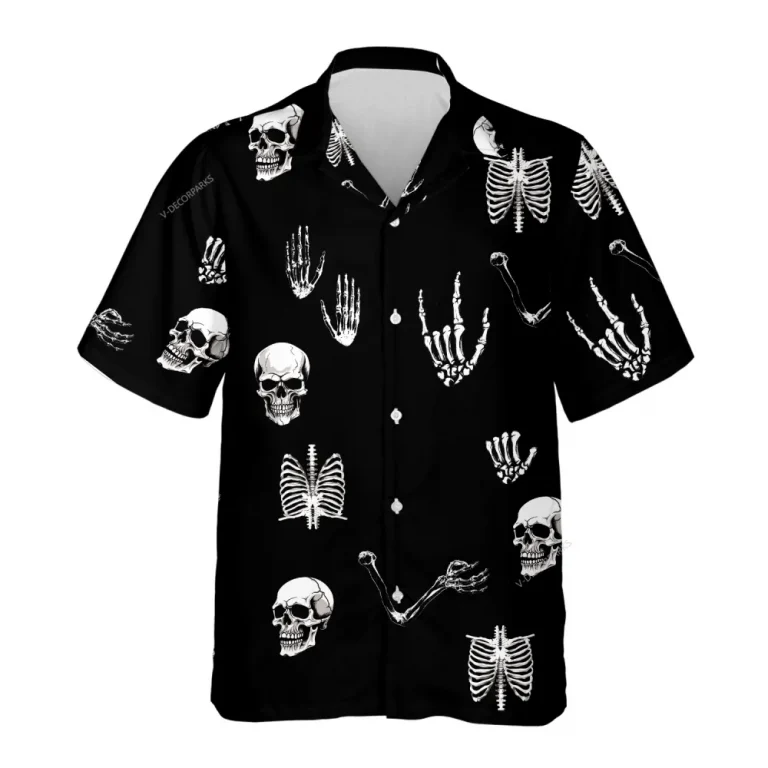 Skull Bones Halloween Hawaiian Shirts, Spooky Aloha Shirts, Horror Bones Pattern Summer Beach Shirt, Halloween Button Down Short Sleeve Hawaiian Shirt