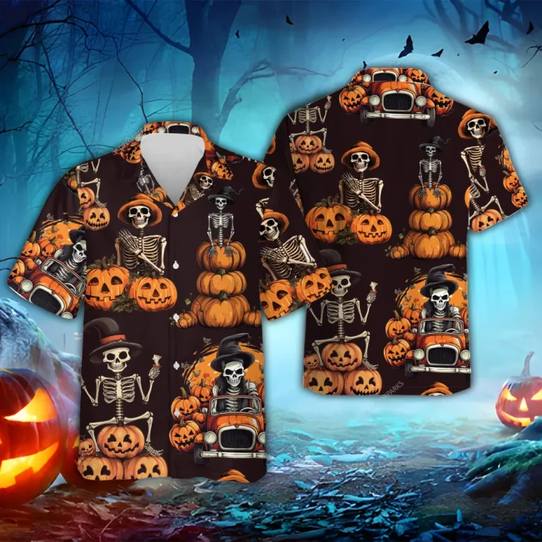 Skeleton Pumpkins Halloween Hawaiian Shirts, Spooky Aloha Shirts, Halloween Summer Beach Shirt, Halloween Button Down Short Sleeve Hawaiian Shirt