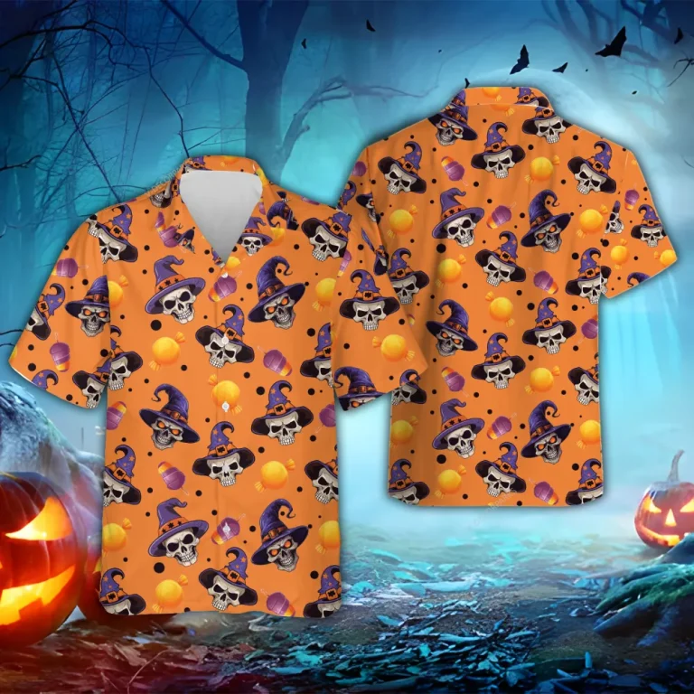 Skull Witch Halloween Hawaiian Shirts, Spooky Aloha Shirts, Halloween Pattern Summer Beach Shirt, Halloween Button Down Short Sleeve Hawaiian Shirt