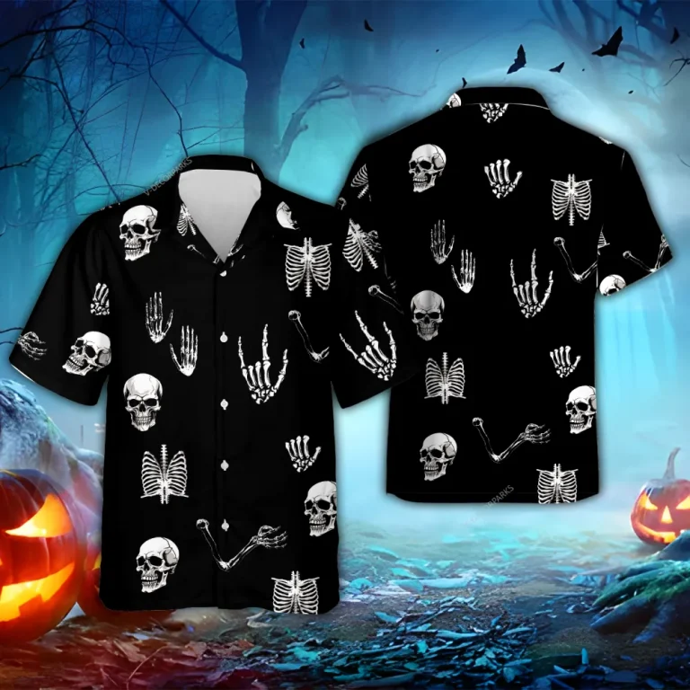 Skull Bones Halloween Hawaiian Shirts, Spooky Aloha Shirts, Horror Bones Pattern Summer Beach Shirt, Halloween Button Down Short Sleeve Hawaiian Shirt