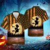 Us Flag Witch Halloween Hawaiian Shirts, Scary Night Full Moon Beach Shirt, Spooky Aloha Shirts, Witch Button Down Short Sleeve Hawaiian Shirts