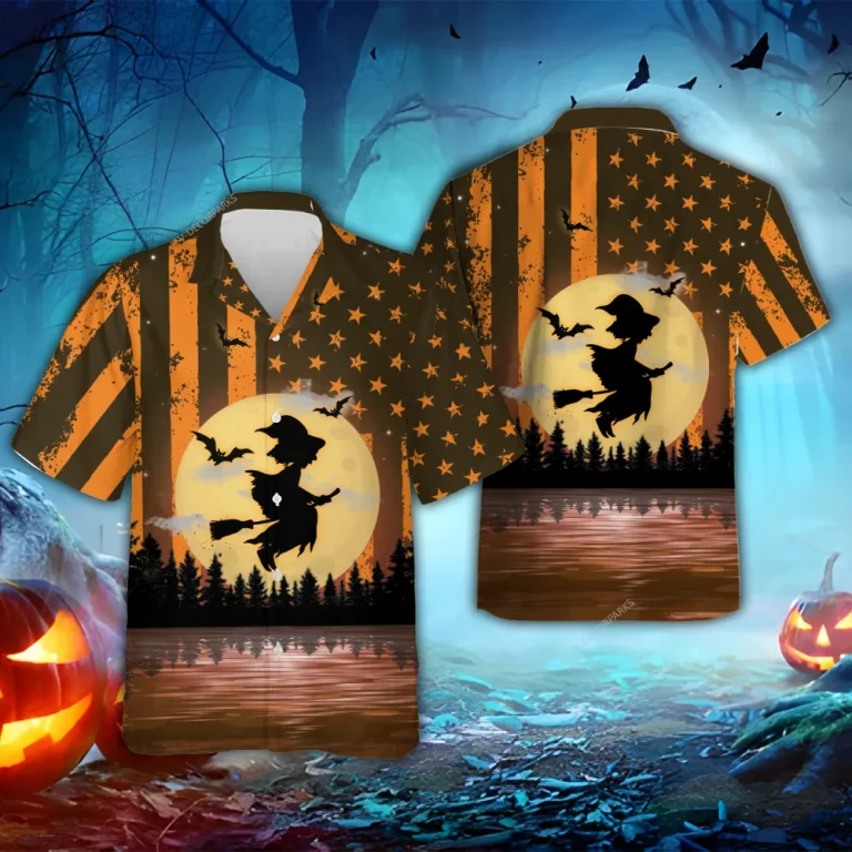 Us Flag Witch Halloween Hawaiian Shirts, Scary Night Full Moon Beach Shirt, Spooky Aloha Shirts, Witch Button Down Short Sleeve Hawaiian Shirts