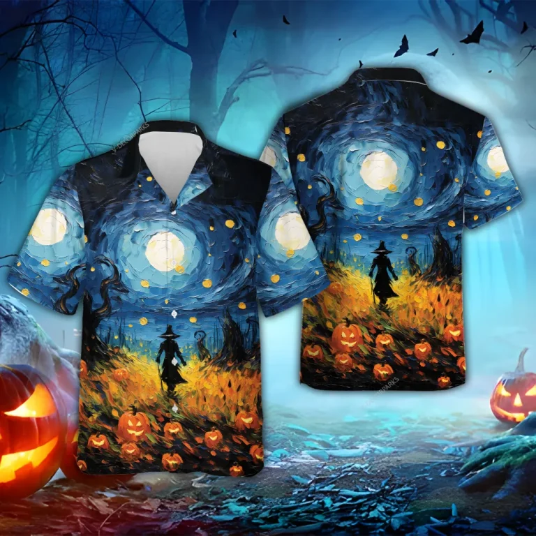 Witch Pumpkins Halloween Hawaiian Shirt, Scary Night Full Moon Beach Shirt, Spooky Aloha Shirts, Horror Night Button Down Short Sleeve Hawaiian Shirt