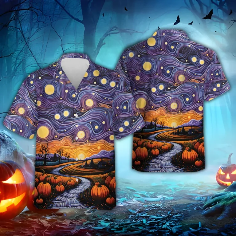 Harvest Pumpkin Hawaiian Shirts, Halloween Pumpkins Button Down Short Sleeve Hawaiian Shirt, Spooky Aloha Shirts, Star Night Full Moon Beach Shirt