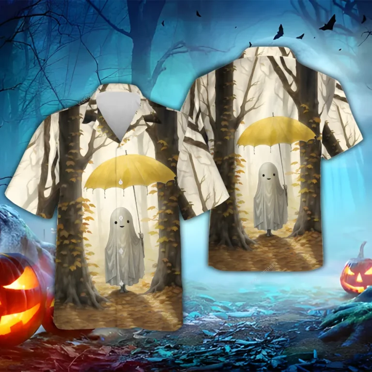 Ghost Umbrella Hawaiian Shirts, Autumn Forest Halloween Summer Beach Shirt, Cute Ghost Button Down Short Sleeve Hawaiian Shirts, Spooky Aloha Shirts