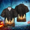 Ghost Camping Hawaiian Shirts, Scary Night Forest Halloween Summer Beach Shirt, Ghost Button Down Short Sleeve Hawaiian Shirts, Spooky Aloha Shirts