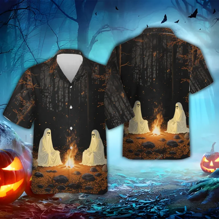 Ghost Camping Hawaiian Shirts, Scary Night Forest Halloween Summer Beach Shirt, Ghost Button Down Short Sleeve Hawaiian Shirts, Spooky Aloha Shirts