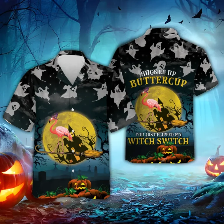 Halloween Witch Flamingo With Broom Hawaiian Shirt, Scary Night Full Moon Beach Shirt, Spooky Aloha Shirts, Button Down Short Sleeve Hawaiian Shirts