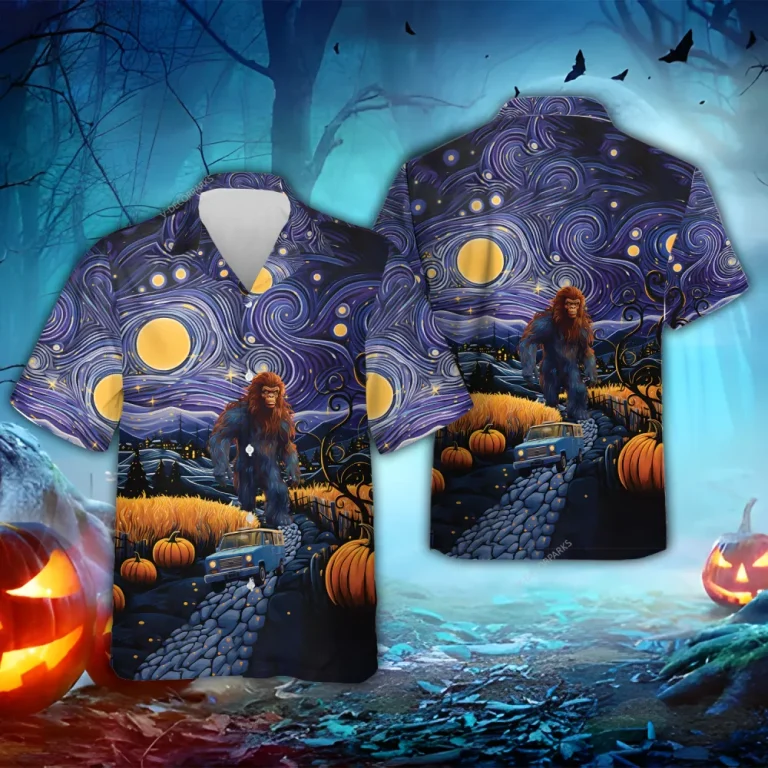 Bigfoot Pumpkin Hawaiian Shirts, Halloween Sasquatch Button Down Short Sleeve Hawaiian Shirts, Spooky Aloha Shirts, Star Night Full Moon Beach Shirts