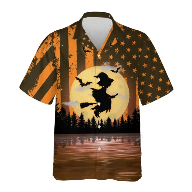 Us Flag Witch Halloween Hawaiian Shirts, Scary Night Full Moon Beach Shirt, Spooky Aloha Shirts, Witch Button Down Short Sleeve Hawaiian Shirts
