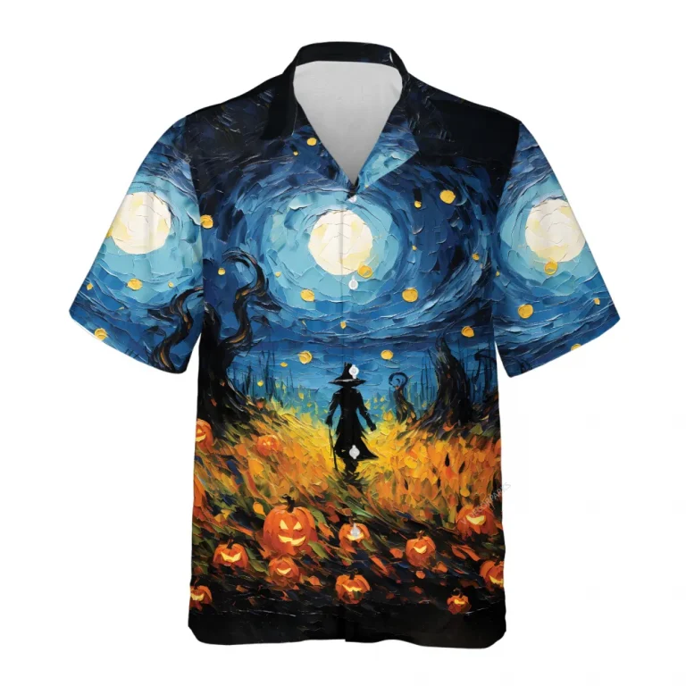 Witch Pumpkins Halloween Hawaiian Shirt, Scary Night Full Moon Beach Shirt, Spooky Aloha Shirts, Horror Night Button Down Short Sleeve Hawaiian Shirt