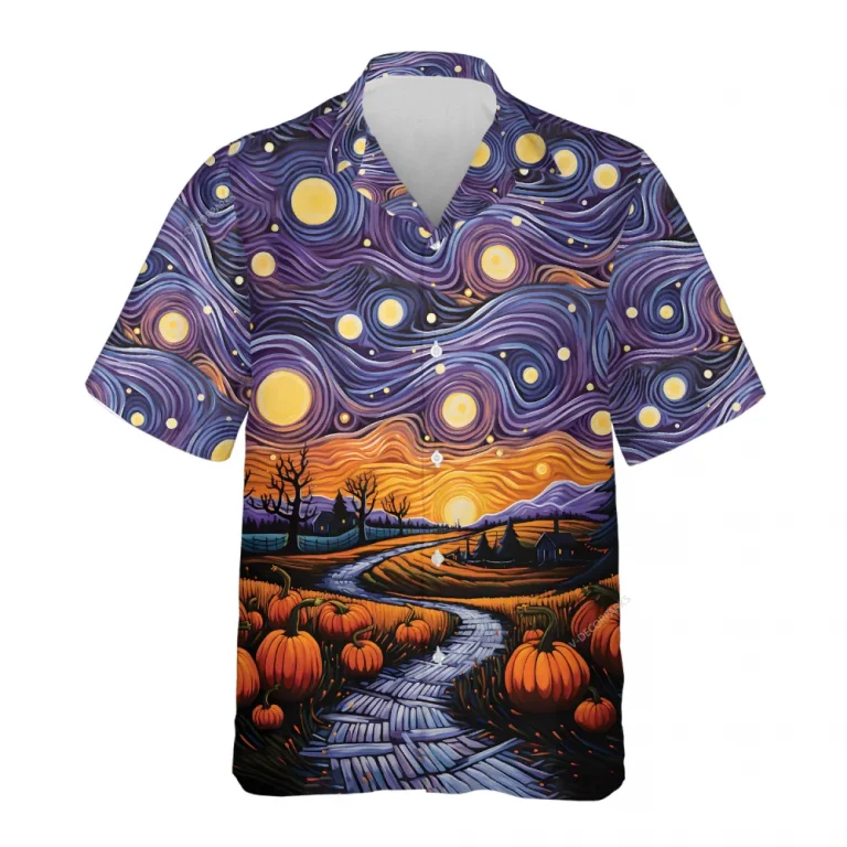 Harvest Pumpkin Hawaiian Shirts, Halloween Pumpkins Button Down Short Sleeve Hawaiian Shirt, Spooky Aloha Shirts, Star Night Full Moon Beach Shirt