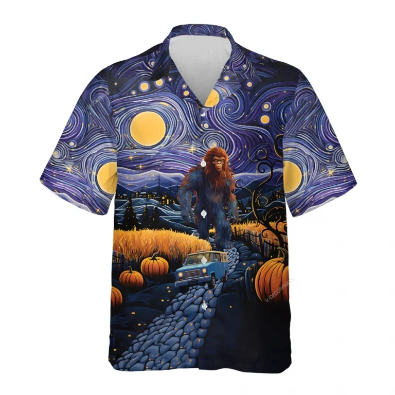 Bigfoot Pumpkin Hawaiian Shirts, Halloween Sasquatch Button Down Short Sleeve Hawaiian Shirts, Spooky Aloha Shirts, Star Night Full Moon Beach Shirts