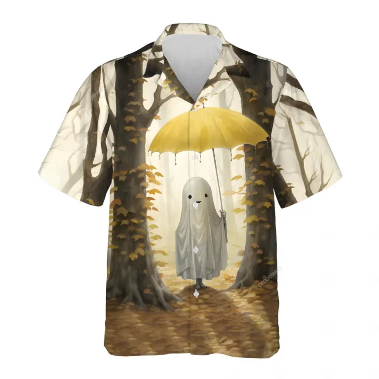 Ghost Umbrella Hawaiian Shirts, Autumn Forest Halloween Summer Beach Shirt, Cute Ghost Button Down Short Sleeve Hawaiian Shirts, Spooky Aloha Shirts