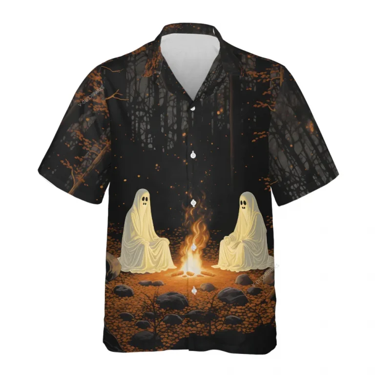 Ghost Camping Hawaiian Shirts, Scary Night Forest Halloween Summer Beach Shirt, Ghost Button Down Short Sleeve Hawaiian Shirts, Spooky Aloha Shirts