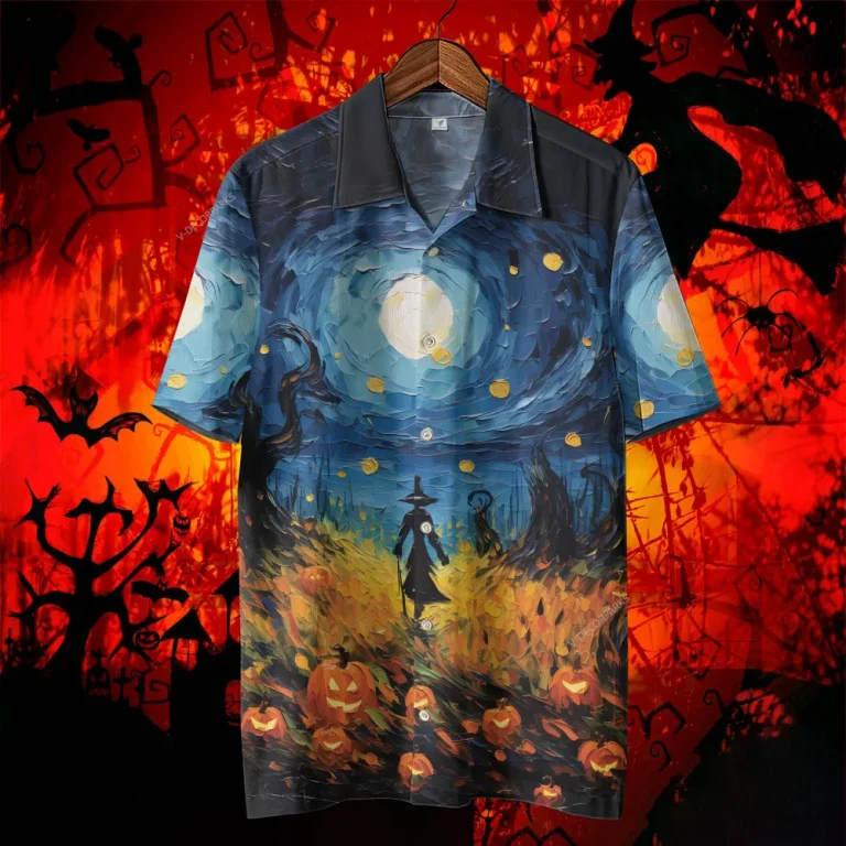 Witch Pumpkins Halloween Hawaiian Shirt, Scary Night Full Moon Beach Shirt, Spooky Aloha Shirts, Horror Night Button Down Short Sleeve Hawaiian Shirt