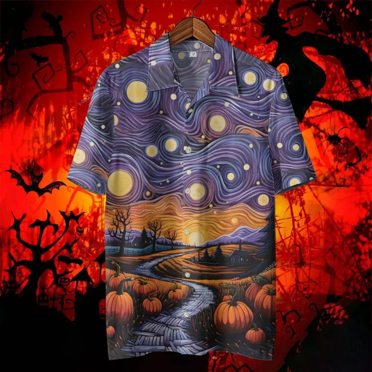 Harvest Pumpkin Hawaiian Shirts, Halloween Pumpkins Button Down Short Sleeve Hawaiian Shirt, Spooky Aloha Shirts, Star Night Full Moon Beach Shirt
