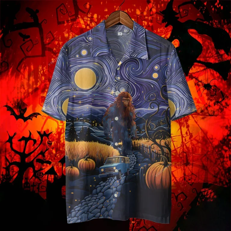 Bigfoot Pumpkin Hawaiian Shirts, Halloween Sasquatch Button Down Short Sleeve Hawaiian Shirts, Spooky Aloha Shirts, Star Night Full Moon Beach Shirts