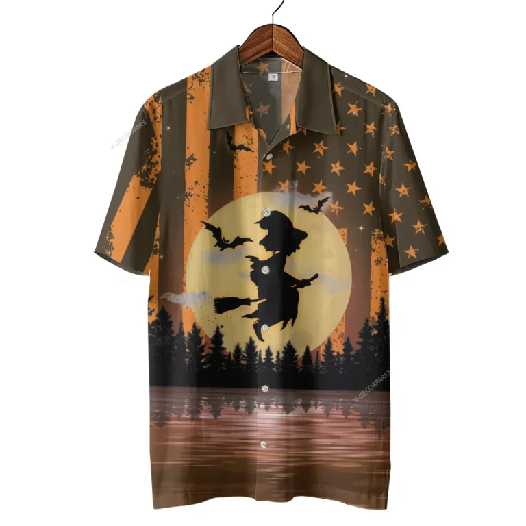 Us Flag Witch Halloween Hawaiian Shirts, Scary Night Full Moon Beach Shirt, Spooky Aloha Shirts, Witch Button Down Short Sleeve Hawaiian Shirts