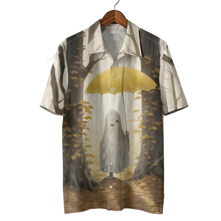 Ghost Umbrella Hawaiian Shirts, Autumn Forest Halloween Summer Beach Shirt, Cute Ghost Button Down Short Sleeve Hawaiian Shirts, Spooky Aloha Shirts