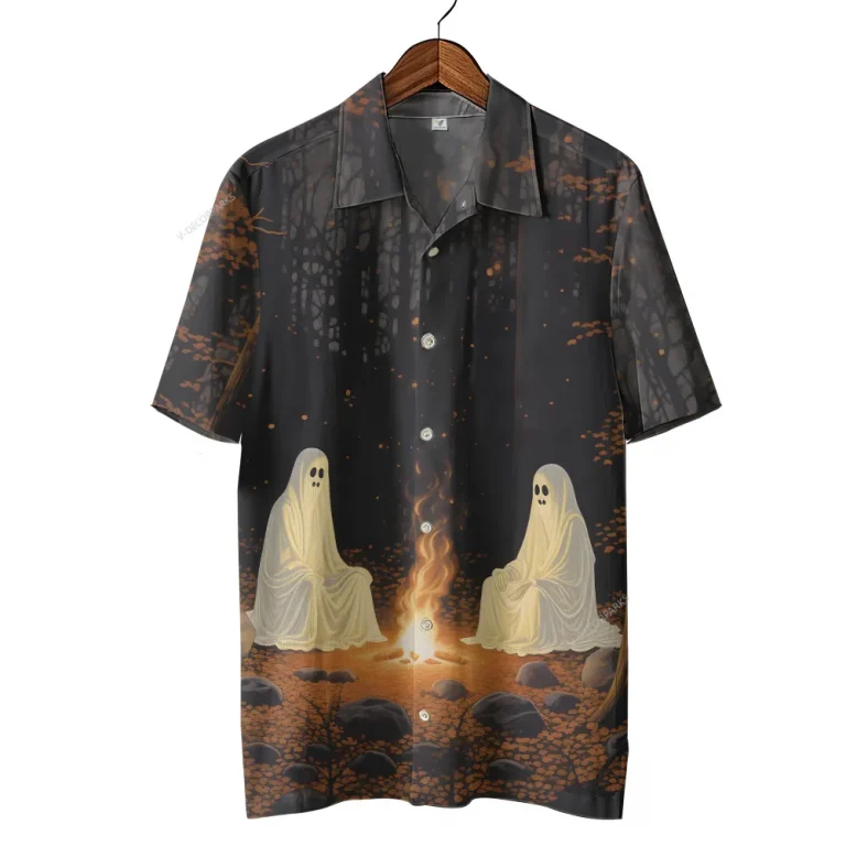 Ghost Camping Hawaiian Shirts, Scary Night Forest Halloween Summer Beach Shirt, Ghost Button Down Short Sleeve Hawaiian Shirts, Spooky Aloha Shirts
