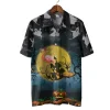 Halloween Witch Flamingo With Broom Hawaiian Shirt, Scary Night Full Moon Beach Shirt, Spooky Aloha Shirts, Button Down Short Sleeve Hawaiian Shirts