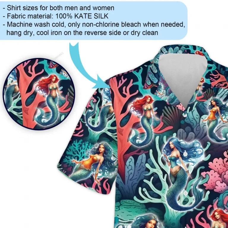 Mermaid Hawaiian Shirt For Men And Women, Beautiful Mermaid Pattern Aloha Beach Shirt, Coral Reef Summer Button Down Short Sleeve Shirts