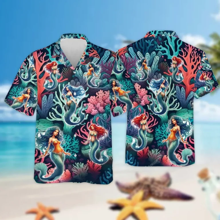 Mermaid Hawaiian Shirt For Men And Women, Beautiful Mermaid Pattern Aloha Beach Shirt, Coral Reef Summer Button Down Short Sleeve Shirts