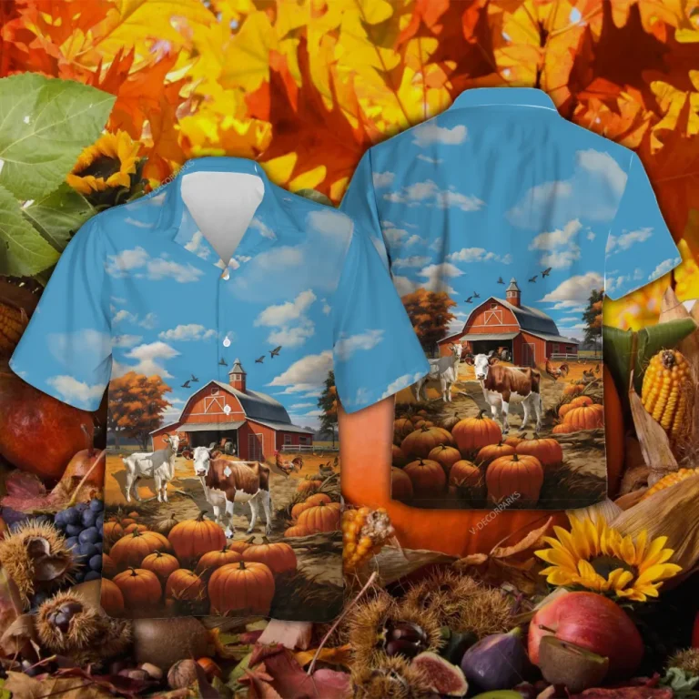 Cow Goat Farm Thanksgiving Hawaiian Shirts, Pumpkins Harvest Thanksgiving Aloha Shirts, Beach Shirts, Thanksgiving Gift Button Down Shirt Short Sleeve
