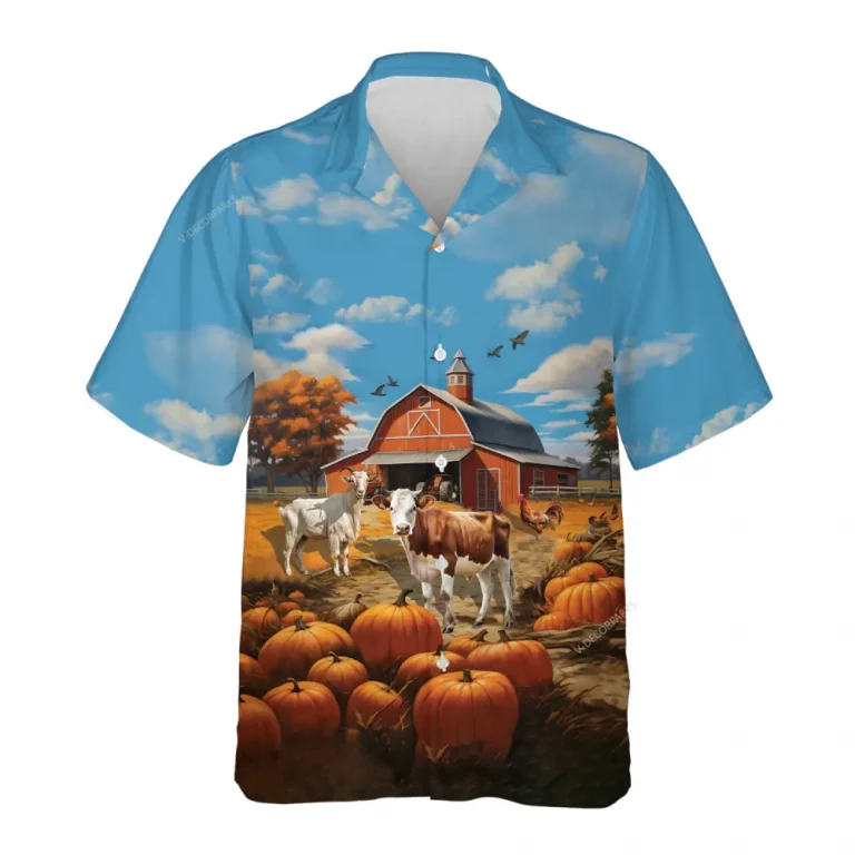 Cow Goat Farm Thanksgiving Hawaiian Shirts, Pumpkins Harvest Thanksgiving Aloha Shirts, Beach Shirts, Thanksgiving Gift Button Down Shirt Short Sleeve