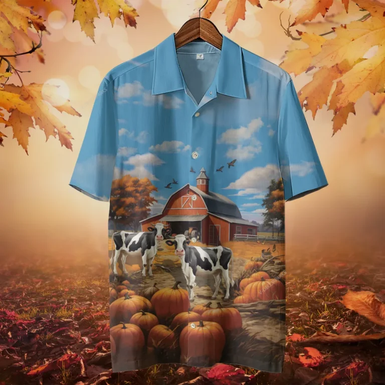 Dairy Cow Farm Thanksgiving Hawaiian Shirts, Pumpkins Harvest Thanksgiving Aloha Shirt, Beach Shirts, Thanksgiving Gift Button Down Shirt Short Sleeve