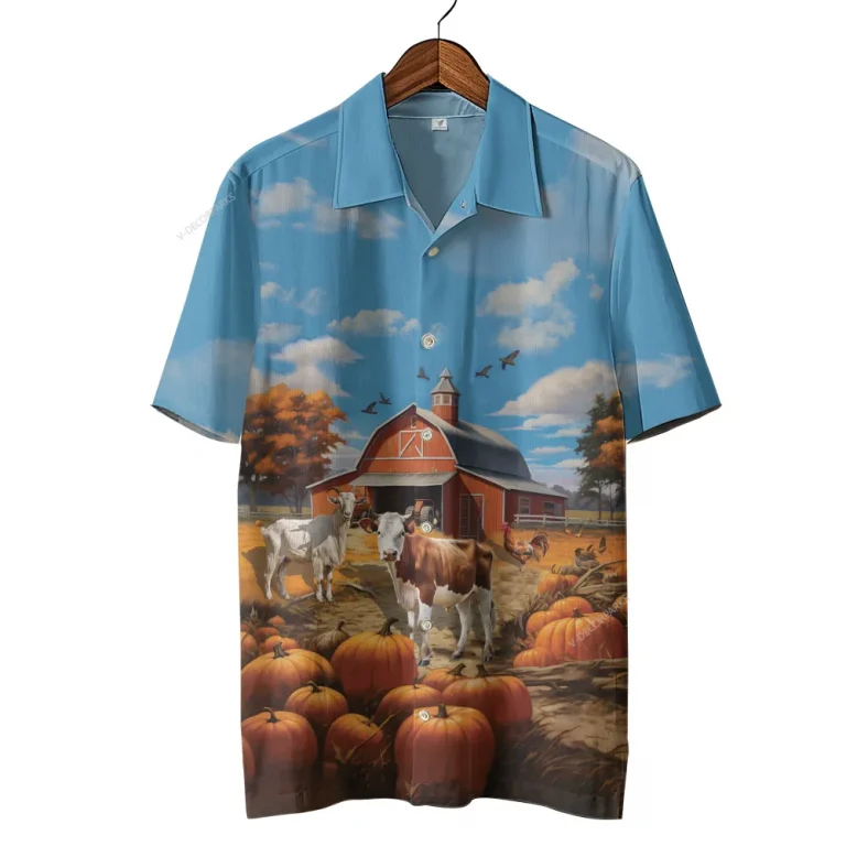 Cow Goat Farm Thanksgiving Hawaiian Shirts, Pumpkins Harvest Thanksgiving Aloha Shirts, Beach Shirts, Thanksgiving Gift Button Down Shirt Short Sleeve