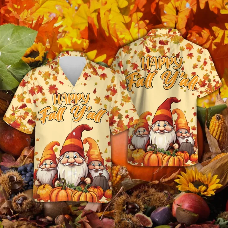 Pumpkins Gnomes Thanksgiving Hawaiian Shirts, Happy Fall Y'all Hawaii Beach Shirts, 3d Aloha Shirts, Thanksgiving Gift Button Down Shirt Short Sleeve