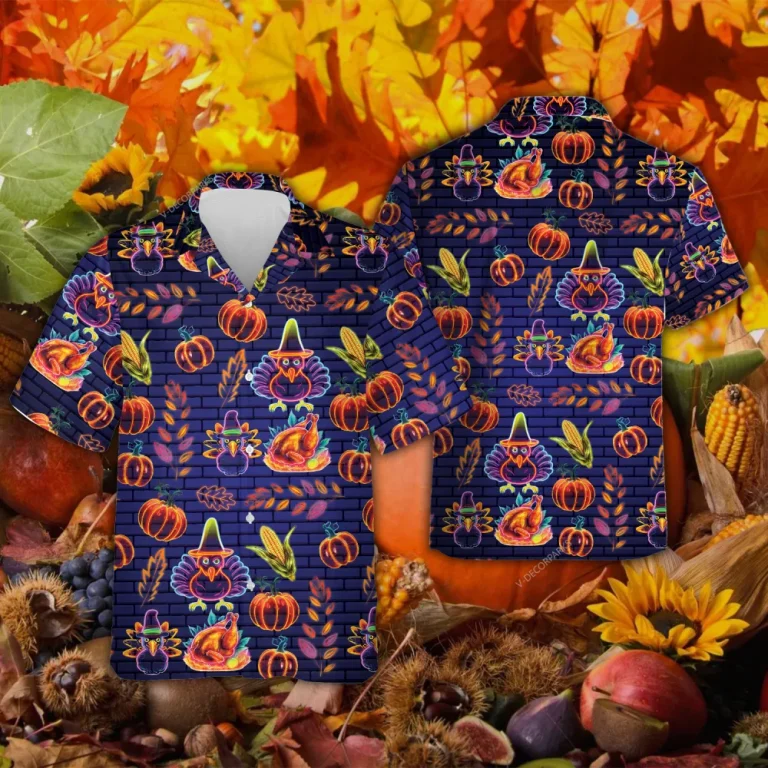 Neon Turkey Thanksgiving Hawaiian Shirts, Funny Pumpkins Turkey Hawaii Beach Shirts, 3d Aloha Shirts, Thanksgiving Gift Button Down Shirt Short Sleeve