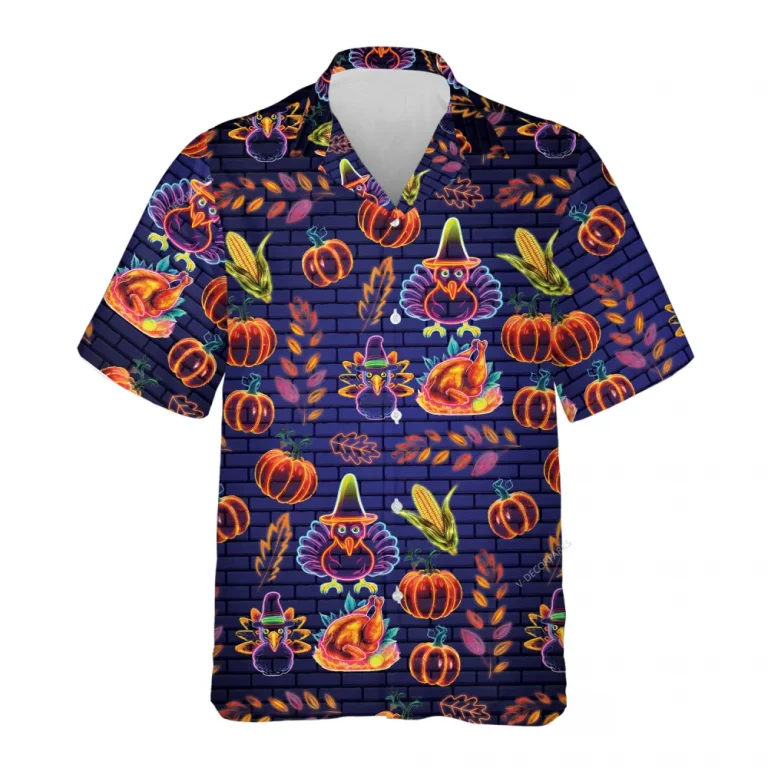 Neon Turkey Thanksgiving Hawaiian Shirts, Funny Pumpkins Turkey Hawaii Beach Shirts, 3d Aloha Shirts, Thanksgiving Gift Button Down Shirt Short Sleeve