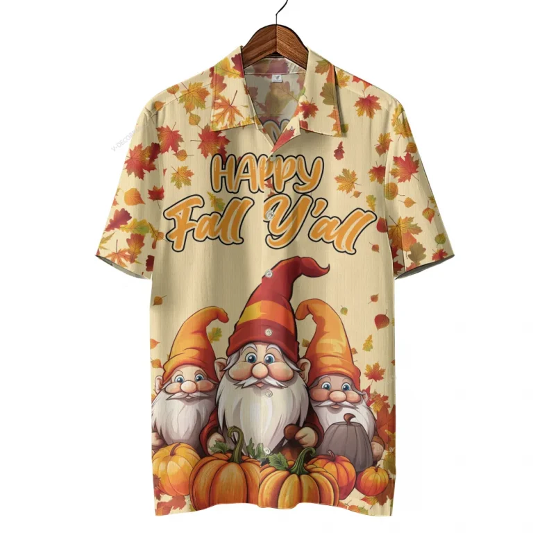 Pumpkins Gnomes Thanksgiving Hawaiian Shirts, Happy Fall Y'all Hawaii Beach Shirts, 3d Aloha Shirts, Thanksgiving Gift Button Down Shirt Short Sleeve
