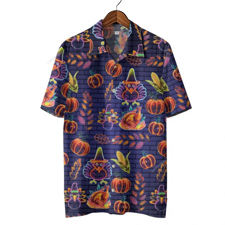 Neon Turkey Thanksgiving Hawaiian Shirts, Funny Pumpkins Turkey Hawaii Beach Shirts, 3d Aloha Shirts, Thanksgiving Gift Button Down Shirt Short Sleeve