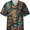 Tropical Tiki Masks Hawaiian Shirt For Men, Tiki Button Vintage Aloha Hawaii Shirt, Casual Printed Beach Summer Shirt, Hawaiian Aloha Shirt