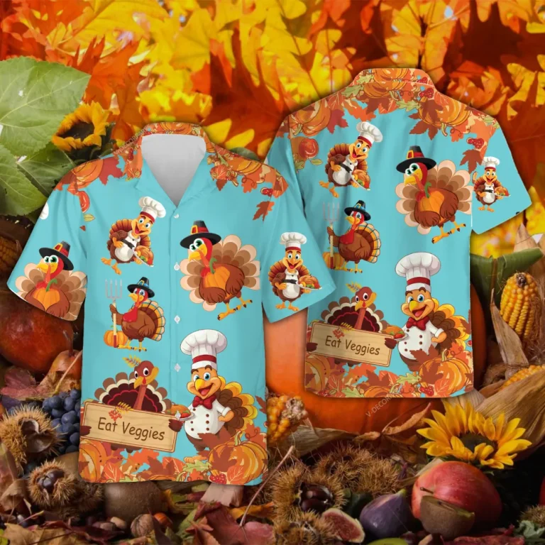 Chef Turkeys Thanksgiving Hawaiian Shirts, Eat Veggies Hawaiian Beach Shirts, Funny 3d Aloha Shirt, Thanksgiving Gift Button Down Shirt Short Sleeve