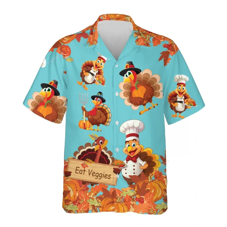Chef Turkeys Thanksgiving Hawaiian Shirts, Eat Veggies Hawaiian Beach Shirts, Funny 3d Aloha Shirt, Thanksgiving Gift Button Down Shirt Short Sleeve