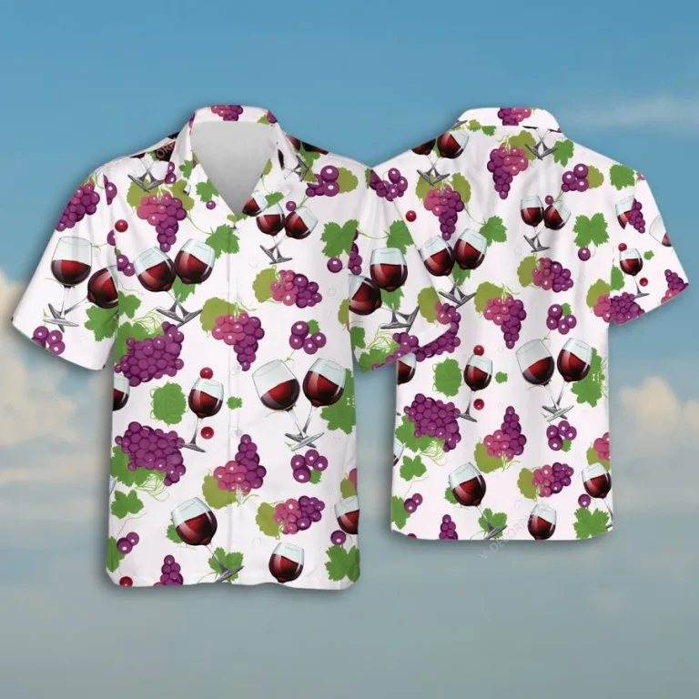 Wine Glass And Grapes Hawaiian Shirt For Men Women, Grape Wine Button Down Hawaiian Shirt Short Sleeve, Wine Lovers Gift, Aloha Vibes Beach Shirt