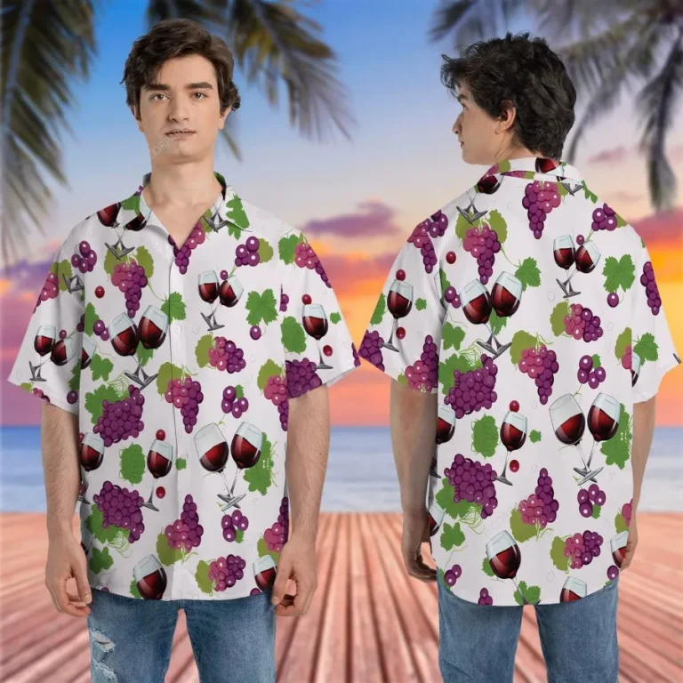 Wine Glass And Grapes Hawaiian Shirt For Men Women, Grape Wine Button Down Hawaiian Shirt Short Sleeve, Wine Lovers Gift, Aloha Vibes Beach Shirt