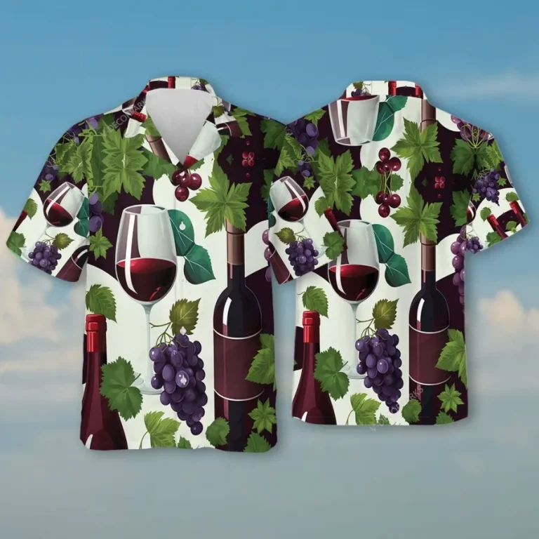Grape Wine Button Down Hawaiian Shirt For Men, Champagne And Grapes Casual Printed Beach Shirt, Aloha Summer Shirt, Hawaiian Style Shirt