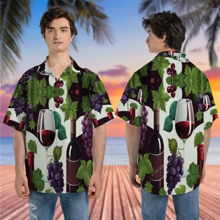 Grape Wine Button Down Hawaiian Shirt For Men, Champagne And Grapes Casual Printed Beach Shirt, Aloha Summer Shirt, Hawaiian Style Shirt