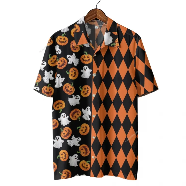 Funny Ghost Pumpkins Halloween Hawaiian Shirts, Halloween Pattern Summer Beach Shirts, Spooky Aloha Shirts Button Down Short Sleeve Hawaiian Shirts