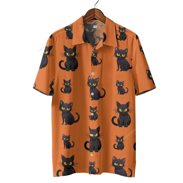 Black Cat Halloween Hawaiian Shirts, Halloween Black Cat Summer Beach Shirt, Spooky Aloha Shirt, Cat Lover Button Down Short Sleeve Hawaiian Shirts