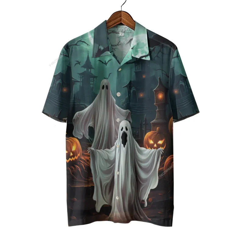 Scary Ghost Halloween Hawaiian Shirts, Scary Night Button Down Short Sleeve Hawaiian Shirts, Haunted Castle Summer Beach Shirts, Horror Aloha Shirt