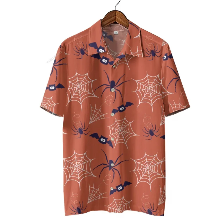 Spide Web Halloween Hawaiian Shirts, Bat Spider Summer Beach Shirts, Spooky Aloha Shirts, Halloween Pattern Button Down Short Sleeve Hawaiian Shirts