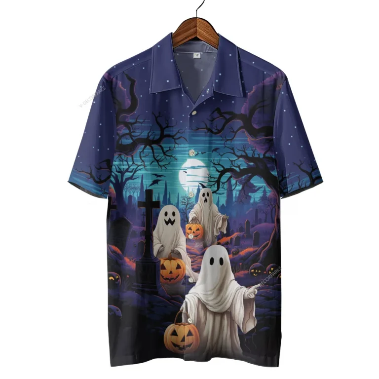 Horror Ghost Halloween Hawaiian Shirts, Scary Night Button Down Short Sleeve Shirts, Halloween Cemetery Summer Beach Shirts, Halloween Aloha Shirts