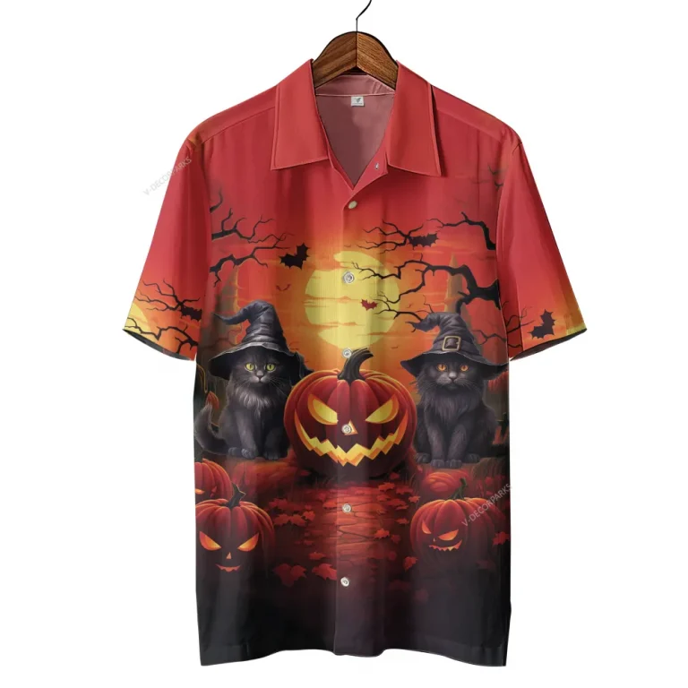 Black Cat Witch Hawaiian Shirts, Full Moon Halloween Summer Shirts Jack-o-lantern Pumpkin Aloha Shirts, Horror Button Down Short Sleeve Hawaiian Shirt